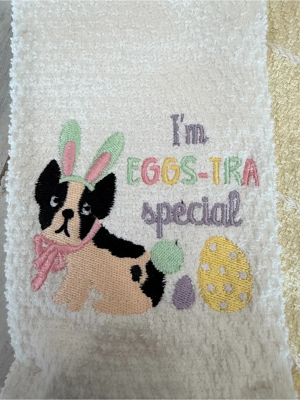 Easter Boston Terrier Dog Kitchen Towels Set of 2 “I’m Eggs-tra Special”